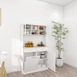 67.7 In. Tall White Kitchen Storage Cabinet-3 Shelves, 2-Drawers, Tilt-Out Trash -Tahanbath white tahanbath pantry organizers z w282p182326 76 1000