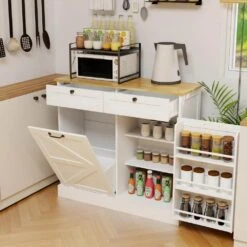 White Kitchen Cabinet With Trash Can Compartment, 2 Drawers, Storage Rack, And 2 Shelves -Tahanbath white tahanbath pantry organizers z w282p190996 1f 1000
