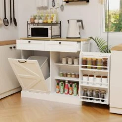 White Kitchen Cabinet With Trash Can Compartment, 2 Drawers, Storage Rack, And 2 Shelves -Tahanbath white tahanbath pantry organizers z w282p190996 31 1000