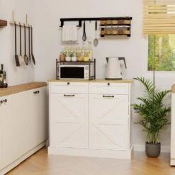 White Kitchen Cabinet With Trash Can Compartment, 2 Drawers, Storage Rack, And 2 Shelves -Tahanbath white tahanbath pantry organizers z w282p190996 44 1000