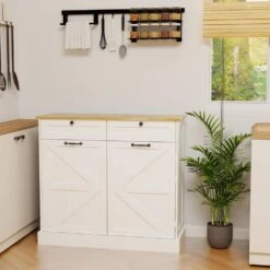 White Kitchen Cabinet With Trash Can Compartment, 2 Drawers, Storage Rack, And 2 Shelves -Tahanbath white tahanbath pantry organizers z w282p190996 76 1000
