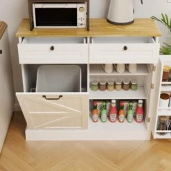 White Kitchen Cabinet With Trash Can Compartment, 2 Drawers, Storage Rack, And 2 Shelves -Tahanbath white tahanbath pantry organizers z w282p190996 fa 1000