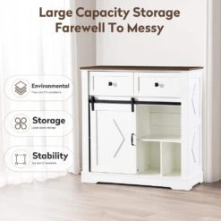 39 In. White And Walnut Sliding Barn Door Buffet Sideboard-Coffee Bar W/ Storage And 2 Drawer For Dining And Living Room -Tahanbath white tahanbath pantry organizers z w2948p245259 31 1000