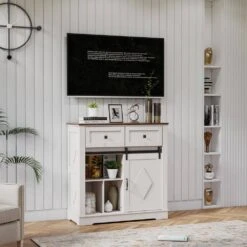 39 In. White And Walnut Sliding Barn Door Buffet Sideboard-Coffee Bar W/ Storage And 2 Drawer For Dining And Living Room -Tahanbath white tahanbath pantry organizers z w2948p245259 4f 1000