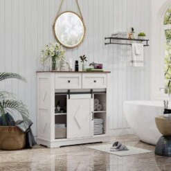 39 In. White And Walnut Sliding Barn Door Buffet Sideboard-Coffee Bar W/ Storage And 2 Drawer For Dining And Living Room -Tahanbath white tahanbath pantry organizers z w2948p245259 77 1000