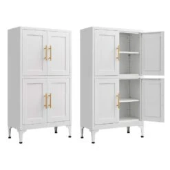 White Metal Storage Cabinet With Adjustable Shelves-Ideal For Kitchen, Living Room, And Dining Room