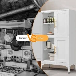 White Metal Storage Cabinet With Adjustable Shelves-Ideal For Kitchen, Living Room, And Dining Room -Tahanbath white tahanbath pantry organizers z w328p194192 fa 1000