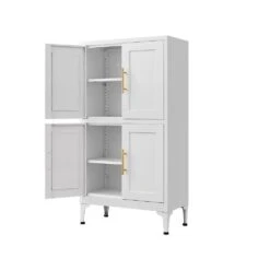 Must-Have White Metal Storage Cabinet: Adjustable Leveling Foot For Kitchen, Living And Dining Rooms In White -Tahanbath white tahanbath pantry organizers z w328p195206 fa 1000