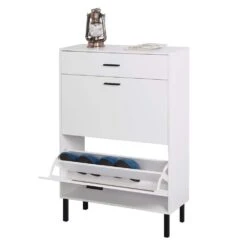 Modern Freestanding Shoe Cabinet With 2 Flip Drawers And Metal Legs: Stylish Storage Organizer For Entryway In White -Tahanbath white tahanbath pantry organizers z w40981153 1f 1000