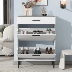 Modern Freestanding Shoe Cabinet With 2 Flip Drawers And Metal Legs: Stylish Storage Organizer For Entryway In White -Tahanbath white tahanbath pantry organizers z w40981153 4f 1000