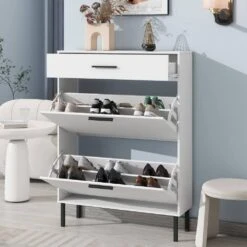 Modern Freestanding Shoe Cabinet With 2 Flip Drawers And Metal Legs: Stylish Storage Organizer For Entryway In White