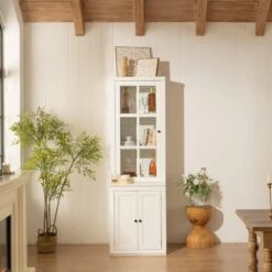 75.25 In. Tall White Freestanding Pantry Cabinet: Glass Door And Lattice Window -Tahanbath white tahanbath pantry organizers z w688134377 4f 1000