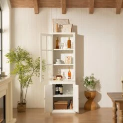 75.25 In. Tall White Freestanding Pantry Cabinet: Glass Door And Lattice Window -Tahanbath white tahanbath pantry organizers z w688134377 76 1000