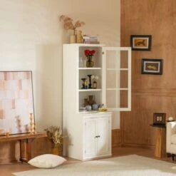 75.25 In. Tall White Freestanding Pantry Cabinet: Glass Door And Lattice Window -Tahanbath white tahanbath pantry organizers z w688134377 fa 1000