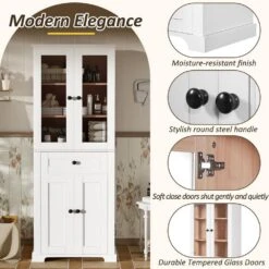 67.2 In Tall Bathroom Storage Cabinet With Tempered Glass Doors, Adjustable Shelves And Drawer In White -Tahanbath white tahanbath pantry organizers z w68882619 1f 1000