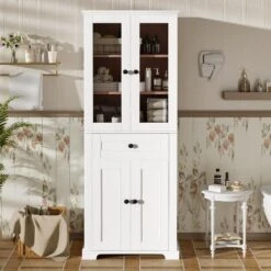 67.2 In Tall Bathroom Storage Cabinet With Tempered Glass Doors, Adjustable Shelves And Drawer In White -Tahanbath white tahanbath pantry organizers z w68882619 31 1000