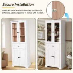 67.2 In Tall Bathroom Storage Cabinet With Tempered Glass Doors, Adjustable Shelves And Drawer In White -Tahanbath white tahanbath pantry organizers z w68882619 76 1000