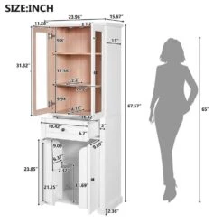 67.2 In Tall Bathroom Storage Cabinet With Tempered Glass Doors, Adjustable Shelves And Drawer In White -Tahanbath white tahanbath pantry organizers z w68882619 fa 1000
