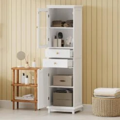 63 In.Tall Bathroom Storage Cabinet – Glass Doors, 2 Drawers, Adjustable Shelves In White -Tahanbath white tahanbath pantry organizers z w688p194052 31 1000