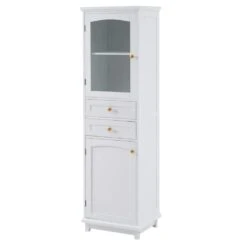 63 In.Tall Bathroom Storage Cabinet – Glass Doors, 2 Drawers, Adjustable Shelves In White