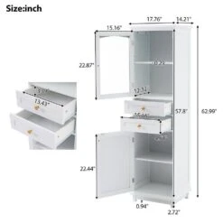 63 In.Tall Bathroom Storage Cabinet – Glass Doors, 2 Drawers, Adjustable Shelves In White -Tahanbath white tahanbath pantry organizers z w688p194052 fa 1000