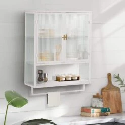 Modern 23.62" Two-Door Wall Cabinet With Glass Doors, Two-Tier Storage, Open Shelf & Towel Rack-Multiple Rooms In White -Tahanbath white tahanbath pantry organizers z w757119332 44 1000