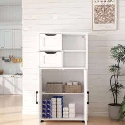 Farmhouse Storage Cabinet – Double Doors And Adjustable Shelves InWhite -Tahanbath white tahanbath pantry organizers z w757125770 76 1000