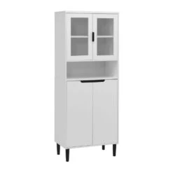 Tall Tempered Glass Door Bookcase: 4-Doors, Adjustable Shelves In White