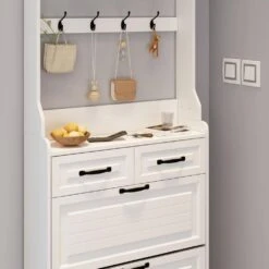 Shoe Cabinet With 3-Doors 2-Drawers With Hanger,Large Space For Storage In White -Tahanbath white tahanbath pantry organizers z w757p144010 4f 1000