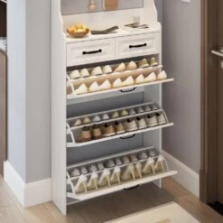 Shoe Cabinet With 3-Doors 2-Drawers With Hanger,Large Space For Storage In White -Tahanbath white tahanbath pantry organizers z w757p144010 fa 1000
