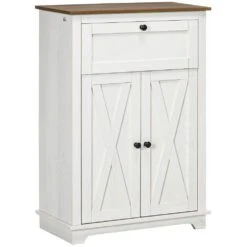 Farmhouse Barn Door Accent Cabinet: Double Doors, Drawer, Adjustable Shelf In White