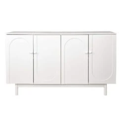 Functional Stylish 4-Door Intaglio Storage Cabinet With Pine Legs, Solid Wood Pulls And MDF In White