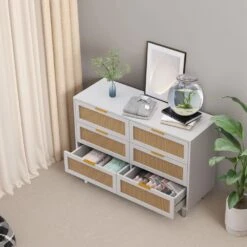 51.18 In. 6-Drawers Rattan Storage Cabinet Rattan Drawer, For Bedroom, Living Room, White -Tahanbath white tahanbath pantry organizers z w757p174986 1f 1000