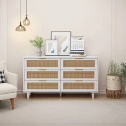 51.18 In. 6-Drawers Rattan Storage Cabinet Rattan Drawer, For Bedroom, Living Room, White -Tahanbath white tahanbath pantry organizers z w757p174986 4f 1000