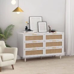 51.18 In. 6-Drawers Rattan Storage Cabinet Rattan Drawer, For Bedroom, Living Room, White -Tahanbath white tahanbath pantry organizers z w757p174986 76 1000
