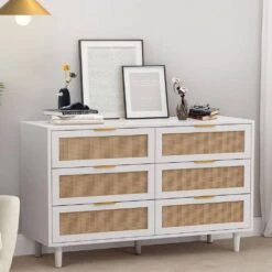 51.18 In. 6-Drawers Rattan Storage Cabinet Rattan Drawer, For Bedroom, Living Room, White -Tahanbath white tahanbath pantry organizers z w757p174986 fa 1000