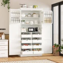70.9 In. Kitchen Pantry: 4-Doors, 8-Trays, Adjustable Shelf InWhite -Tahanbath white tahanbath pantry organizers z wf315593aad 1f 1000