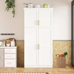 70.9 In. Kitchen Pantry: 4-Doors, 8-Trays, Adjustable Shelf InWhite -Tahanbath white tahanbath pantry organizers z wf315593aad 76 1000