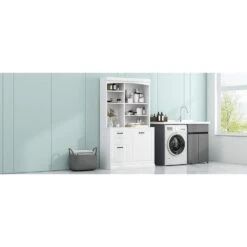 39.30 In. D X 16.50 In. W × 70.90 In. H White Bathroom Storage Cabinet Pantry With Tilt-Out Hamper-Drawers -Tahanbath white tahanbath ready to assemble kitchen cabinets n725p278420k 40 1000