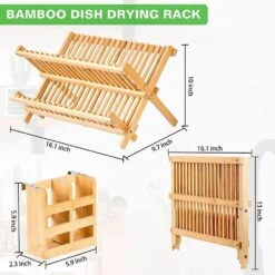 Foldable Two Tier Bamboo Dish Drying Rack - Foldable Space Saving Drainer With Utensil Holder High Quality Kitchen -Tahanbath wood tahanbath dish racks d0102x39mpy 1f 1000