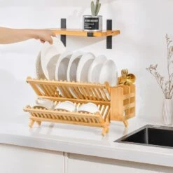 Foldable Two Tier Bamboo Dish Drying Rack - Foldable Space Saving Drainer With Utensil Holder High Quality Kitchen -Tahanbath wood tahanbath dish racks d0102x39mpy 31 1000