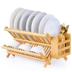 Foldable Two Tier Bamboo Dish Drying Rack - Foldable Space Saving Drainer With Utensil Holder High Quality Kitchen